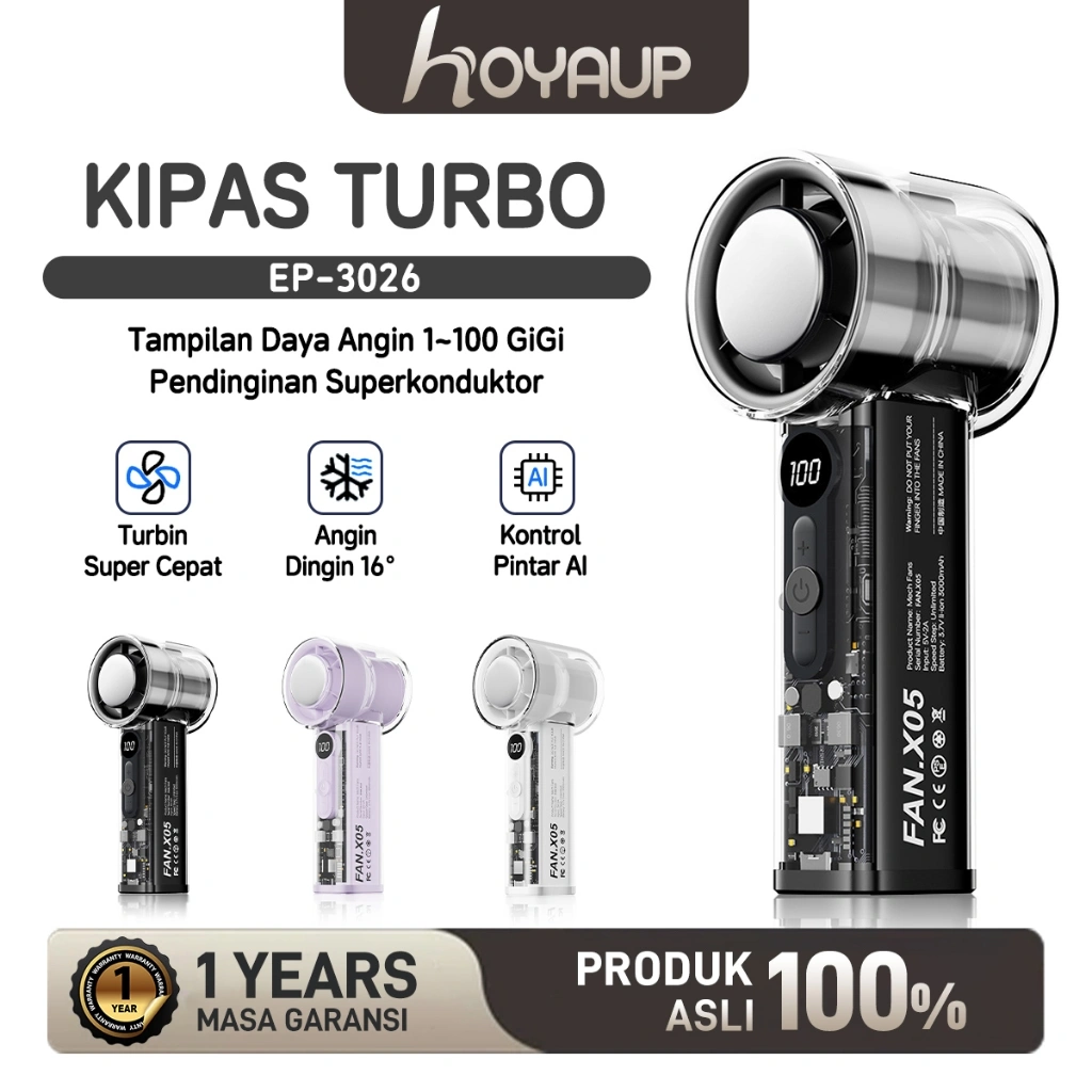 HOYAUP - Kipas Angin Ac Mini Turbo Strong High Speed 16000 Rpm Portable Handheld Rechargeable Fan Digital Display Adjustable Turbo