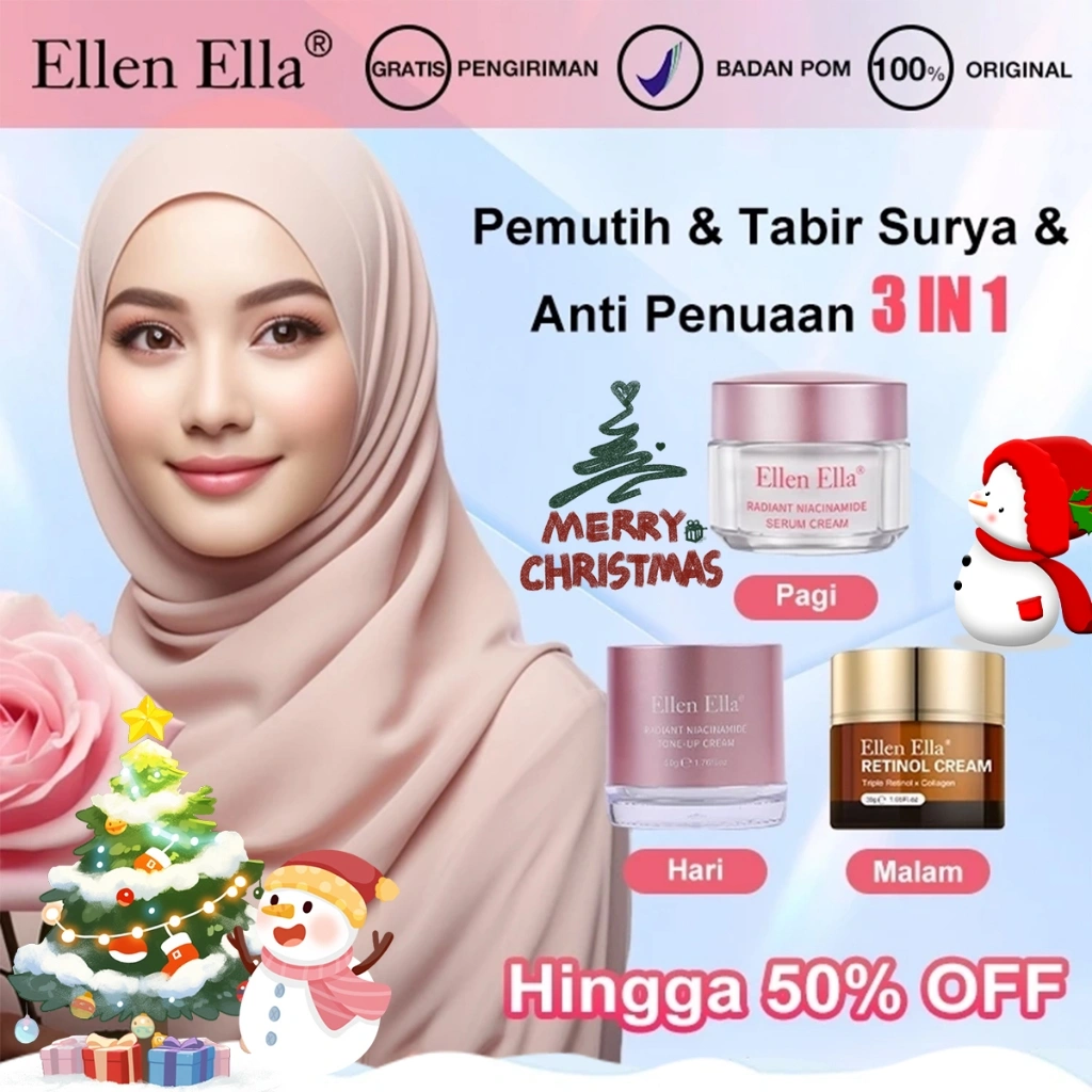 BPOM ELLEN ELLA Glowing & Anti Aging Cream 3pcs Paket Advanced Pemutih Cream Wajah Brightening Day & Night Cream SPF 25+ PA++ Pelembab Memudarkan Flek Niacinamide Gel moisturizer Retinol Cream Malam Krim Remove Flek Hitam Cream Pelembab