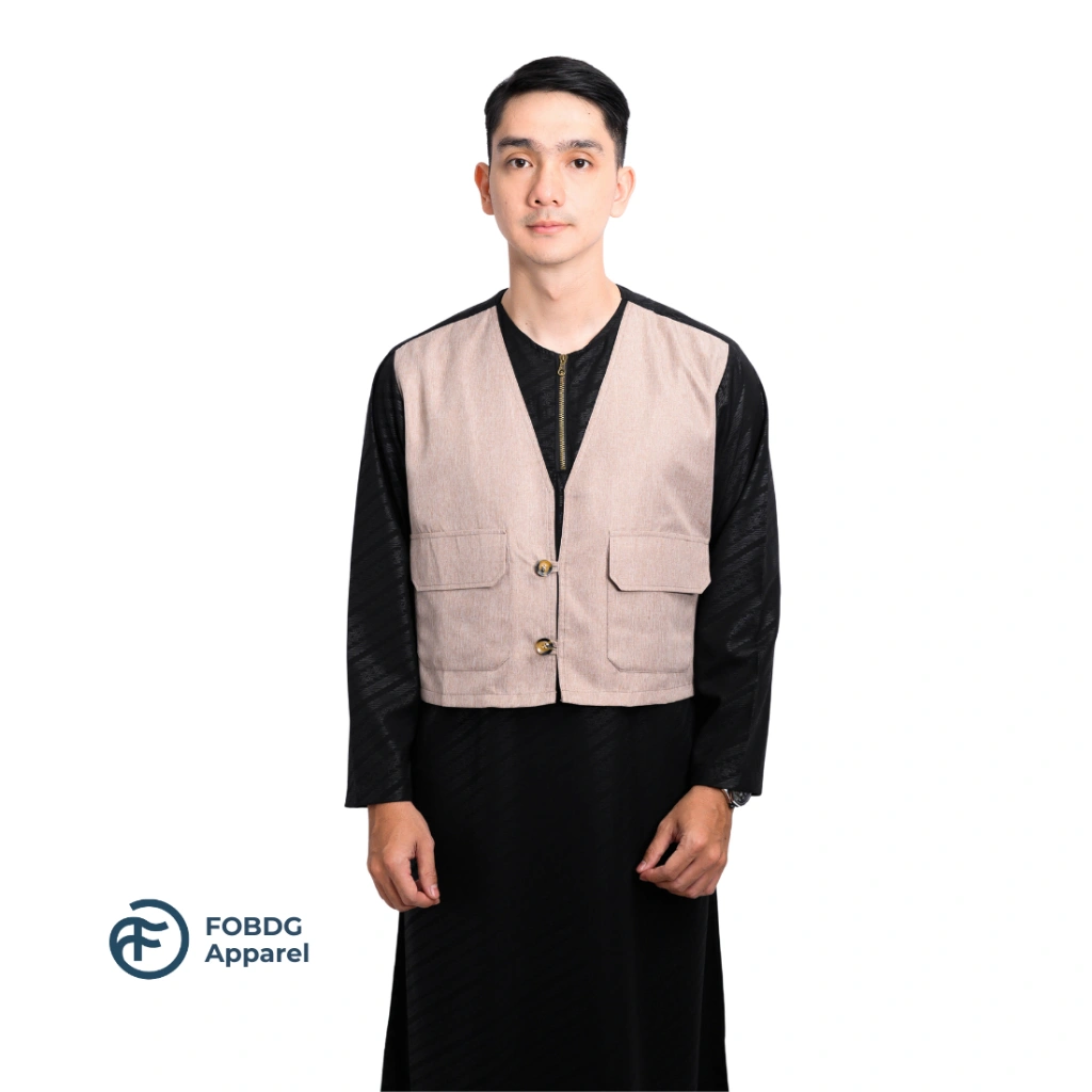 FOBDG Gamis Rompi Bungur Pria Menyatu Rompi dan gamis one set Bahan Wolfis embos