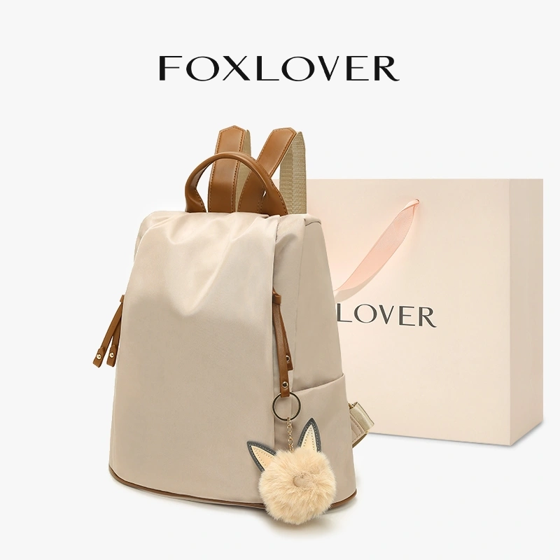FOXLOVER Tas Ransel Wanita Ringan Anti Pencurian Anti Air Warna Apricot Hitam