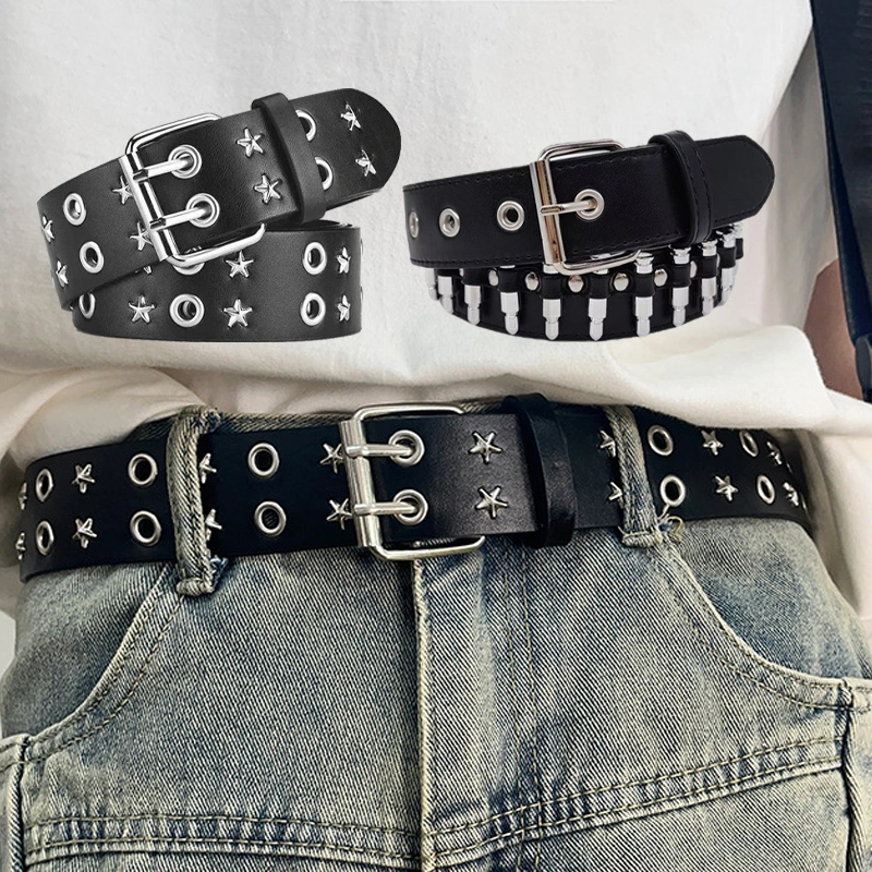 Fashion Wanita Kulit Punk Belt Berongga Rivet Merek Mewah Belt Kepribadian Rock Liar 120CM Sabuk Kulit Punk Desain Rivet Berongga Peluru Gaya Sabuk Rock Unik Cocok Jeans Dan Harian Pria/Wanita
