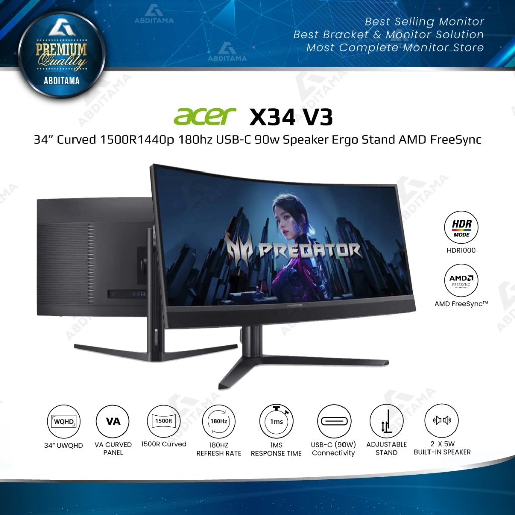 Monitor Ultrawide Mini LED ACER X34 V3 3440x1440 180hz HDMI 2.0 x2 DP 1.4 x1 USB-C 90w Curved 15000R Speaker Ergonomic Stand Vesa 100x100mm KVM Switch AMD FreeSync BlueLightShield Flicker-free Zero Frame Design