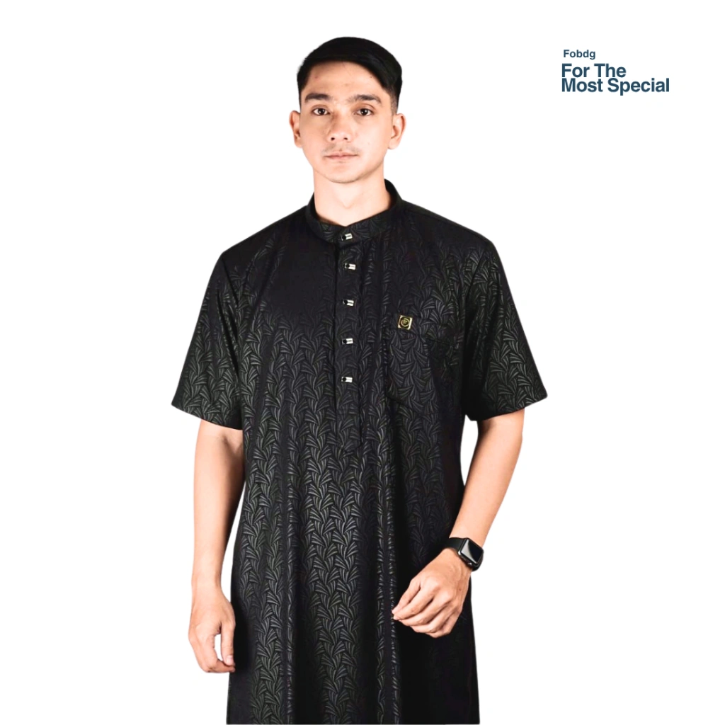 Fobdg Jubah Gamis Trembesi Hitam Motif Embos Batik Ilalang Lengan Pendek tersedia 4 warna