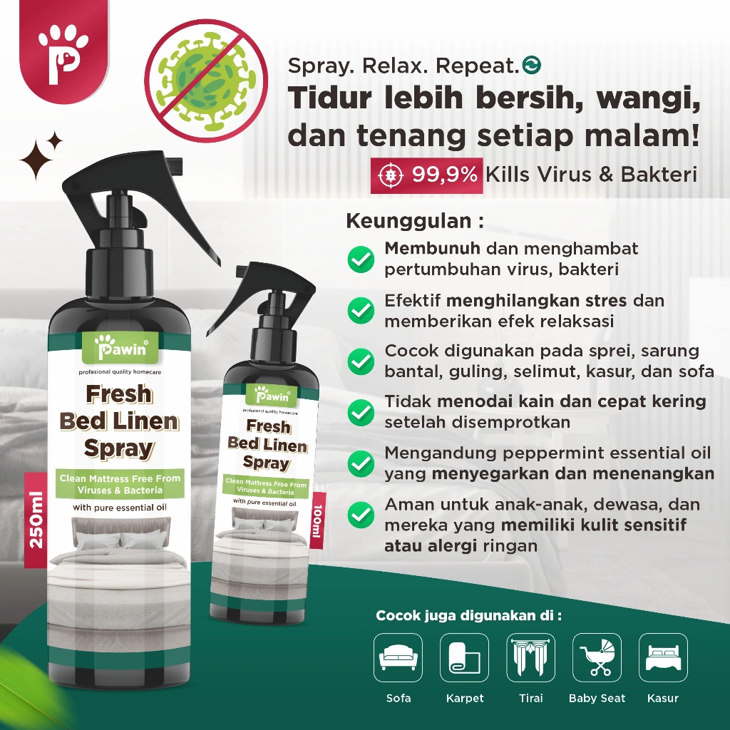 Bed Linen Spray Anti Bakteri Virus Kutu Tungau Sofa Kasur Karpet Rumah
