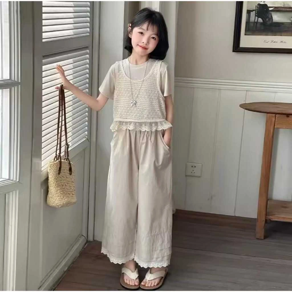 CARLY GIRL SET Setelan Set Anak Besar Korean Style Teenager Remaja Perempuan Blouse Lengan Pendek 3in1  Celana Kulot Panjang Fashionable Trendy Usia 7 Tahun - 12 Tahun