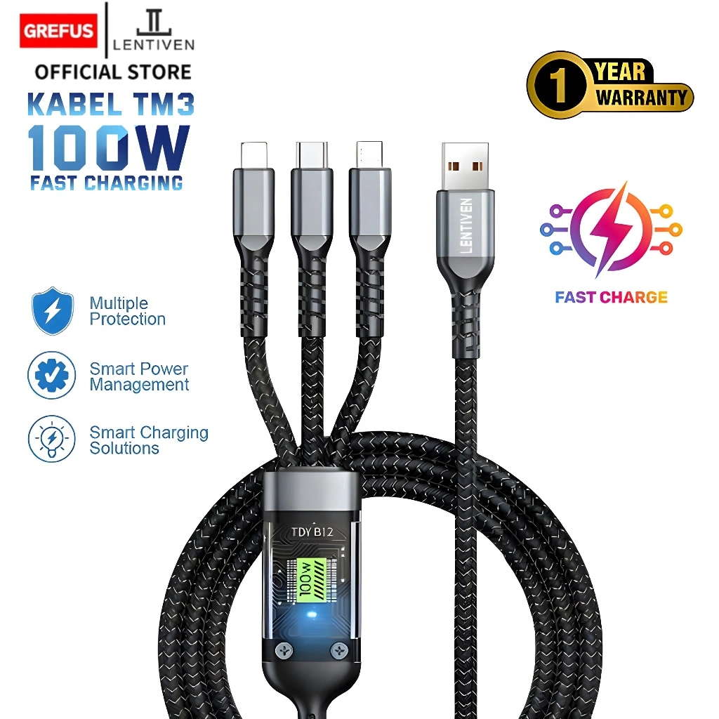 GREFUS LENTIVEN Kabel Data TYPE C 3 in 1 Fast Charging Untuk Iphone iOS Micro USB Type C 100CM Quick Charger GARANSI 1 TAHUN KABEL TM3