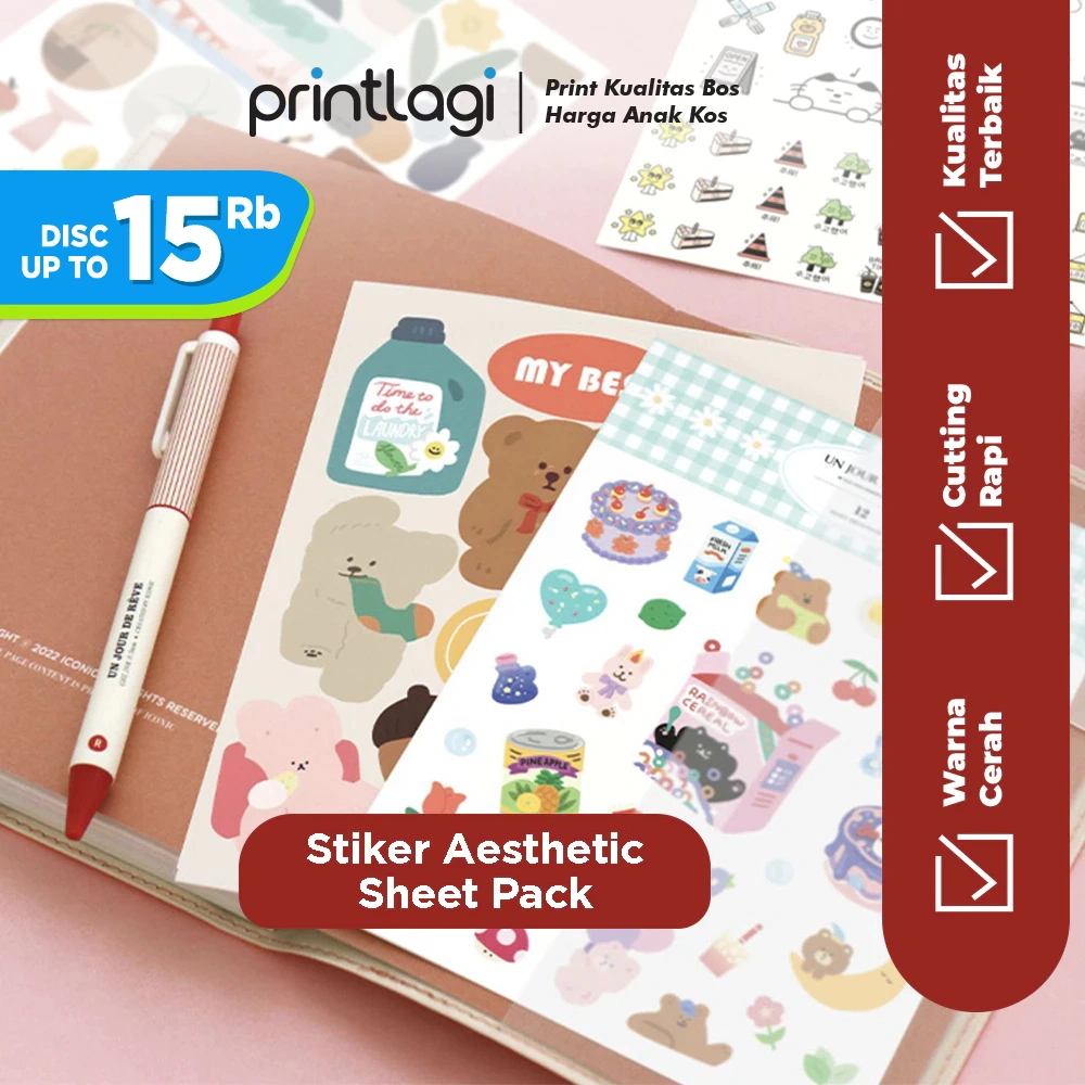 Cetak Sticker Aesthetic / Sticker Sheet Pack / Stiker Custom Laptop HP / Kiss Cut Ukuran A6 & A5