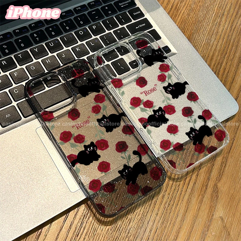 CASINGBOO - Transparent Artistic Red Rose Cat Sticker Pattern Glitter Phone Case for iPhone 11 12 13 14 15 PROMAX 14 15 PLUS X XS XR XSMAX 6+ 7+ 8+ Fashionable and Simple Transparent Glitter Phone Case