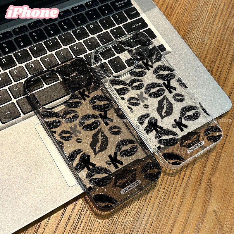 CASINGBOO - Transparent Artistic Black Lipstick Sticker Pattern Glitter Phone Case for iPhone 11 12 13 14 15 PROMAX 14 15 PLUS X XS XR XSMAX 6+ 7+ 8+ Fashionable and Simple Transparent Glitter Phone Case