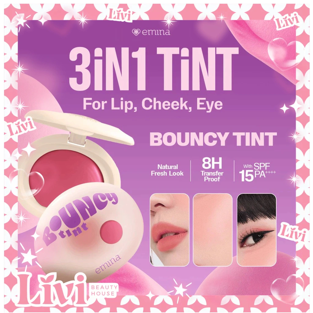 LIVI - Emina Bouncy Tint 3 in 1 Lip, Cheek, & Eye - Blurry Lip Color, Lasting Stain || Dilengkapi dengan SPF 15 PA+++, Marshmallow Mochi Pudding Longlasting Blush On Lip Tint Eye Shadow