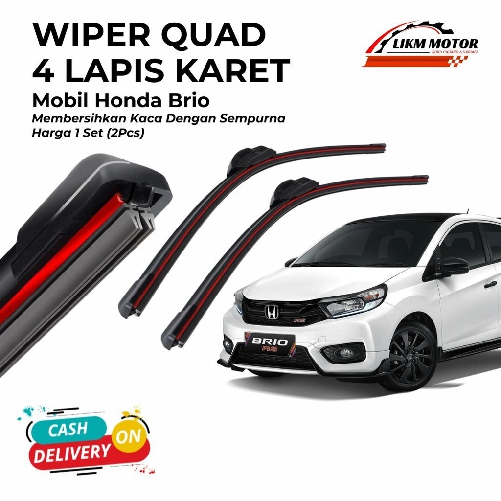 Wiper Quad Honda Brio 4 Lapis Karet Blade 1 Set Kiri dan Kanan Sepasang Pembersih Kaca Depan Mobil