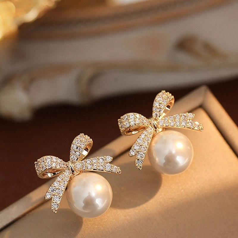 JOY A61 Anting Tindik Wanita Mutiara Gold Ribbon Anggun dan Stylish