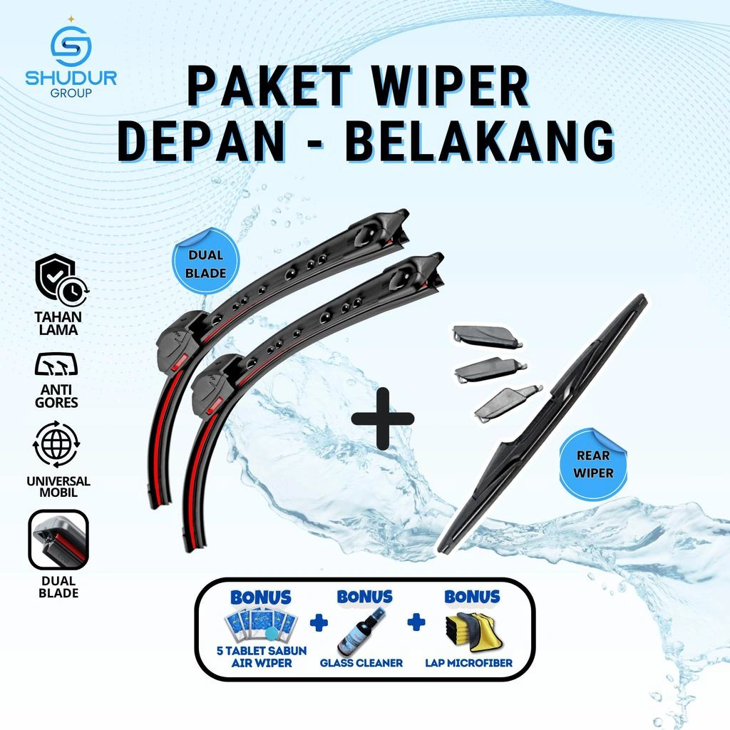 [HEMAT] Wiper Mobil Dual Blade Kaca Depan dan Wiper Kaca Belakang Universal Bonus 3 Produk