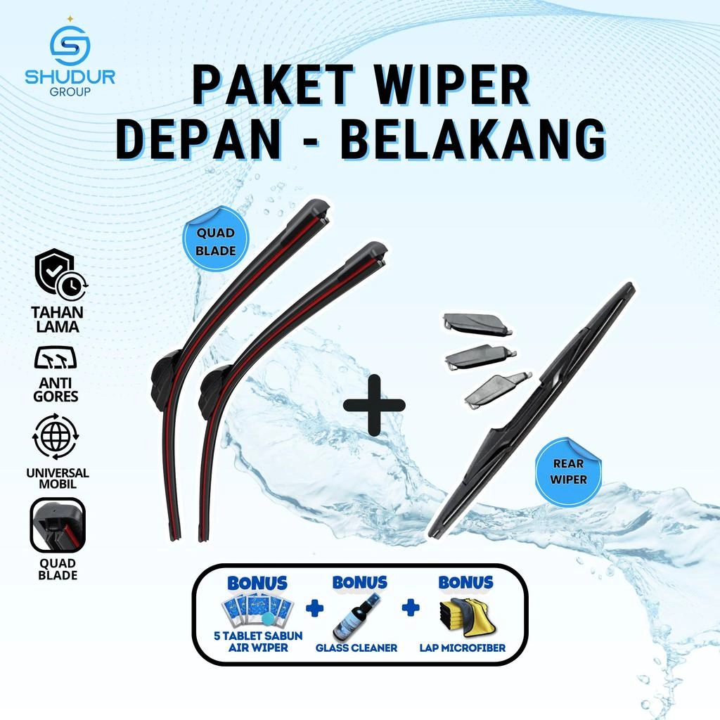 [HEMAT] Wiper Mobil Quad Blade 4 Karet Kaca Depan dan Wiper Kaca Belakang Universal Bonus 3 Produk