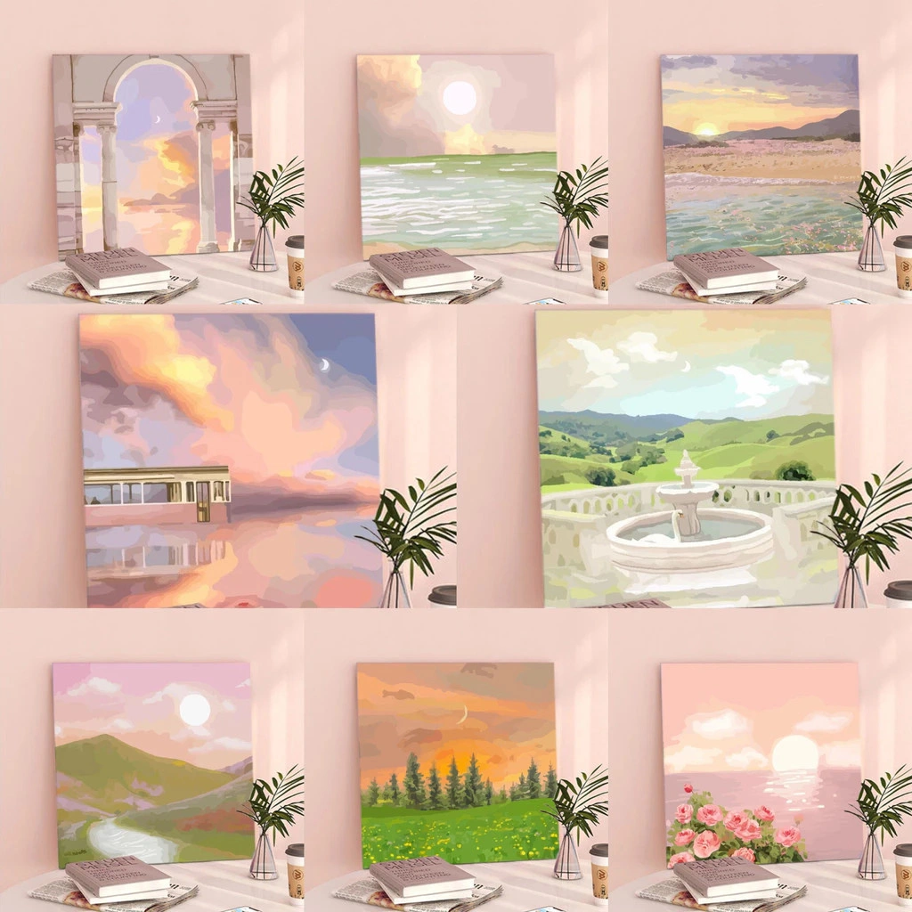 MI Paint By Number 20x20 Nature Series DIY Painting Kit Lukisan Canvas Paint Set DIY Digital Seri Bunga Landscape Alam Gunung Laut Pink Aesthetic Kanvas Lukis Anti Gadget Anak Mainan Edukatif Edukasi Keterampilan Lucu Estetik Estetika Viral Brainrot