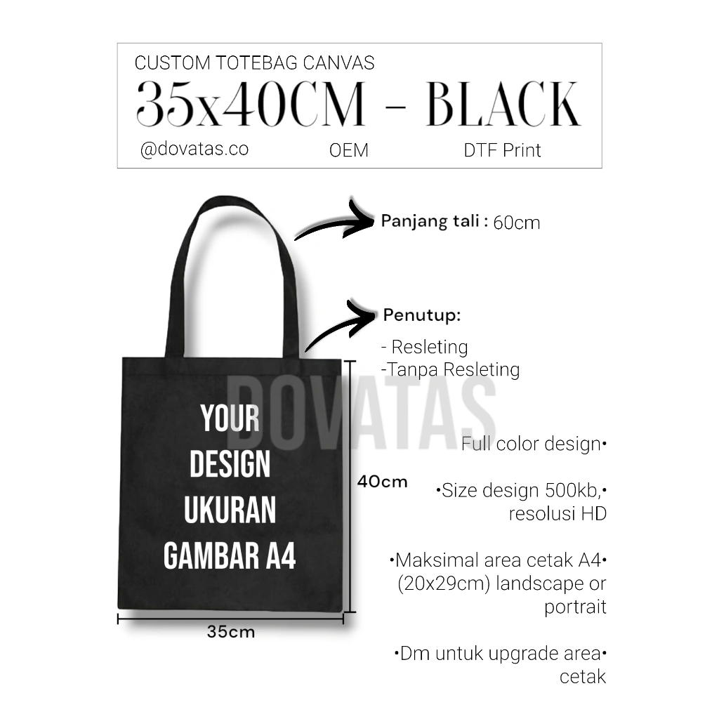 DOVATAS Totebag Hitam Custom Logo / Totebag Souvenir Unisex ( Size 35x40 )