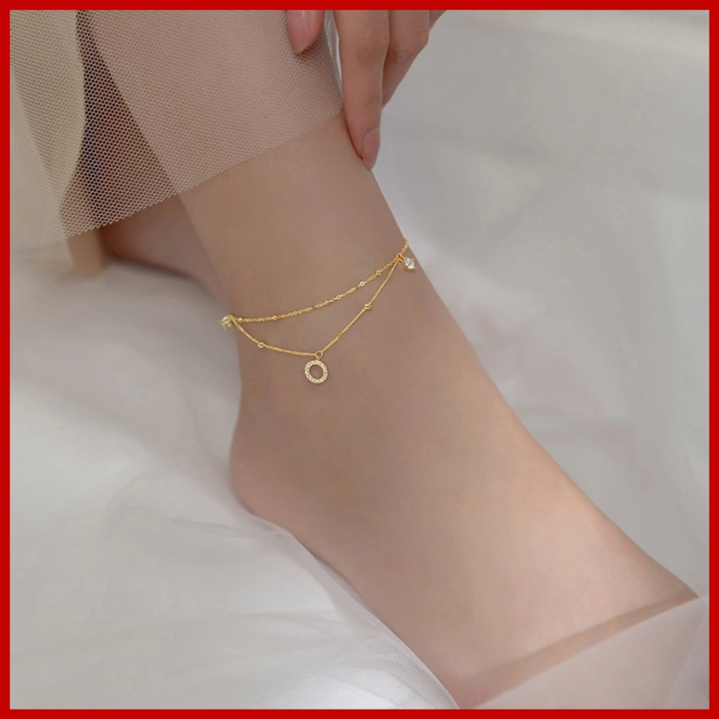GK12 - Gelang Kaki 2 Layer Lingkaran Kecil dengan Perpaduan Permata Simple ELegan Titanium Steel