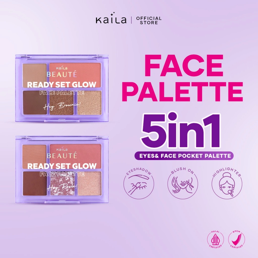 [Clearance] Kaila Beaute Ready Set Glow Face Palette  - Eyeshadow, Highlighter, Blush On Satu Set - Matte, Sheer & Glitter Finish Ringan Pigmented BPOM & Halal