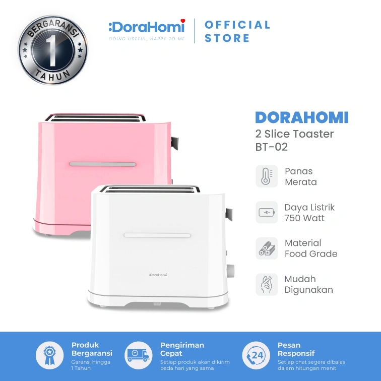 DoraHomi Toaster Pemanggang Roti Elektrik Otomatis Sandwich Low Watt 7 Tingkat Suhu 2 Slot Mudah Dibersihkan Bergaransi 1 Tahun