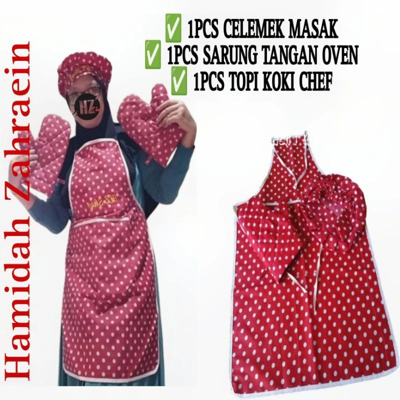 (1SET) CELEMEK APRON DEWASA SET TOPI KOKI CHEF PLUS SARUNG TANGAN OVEN MICROWAVE