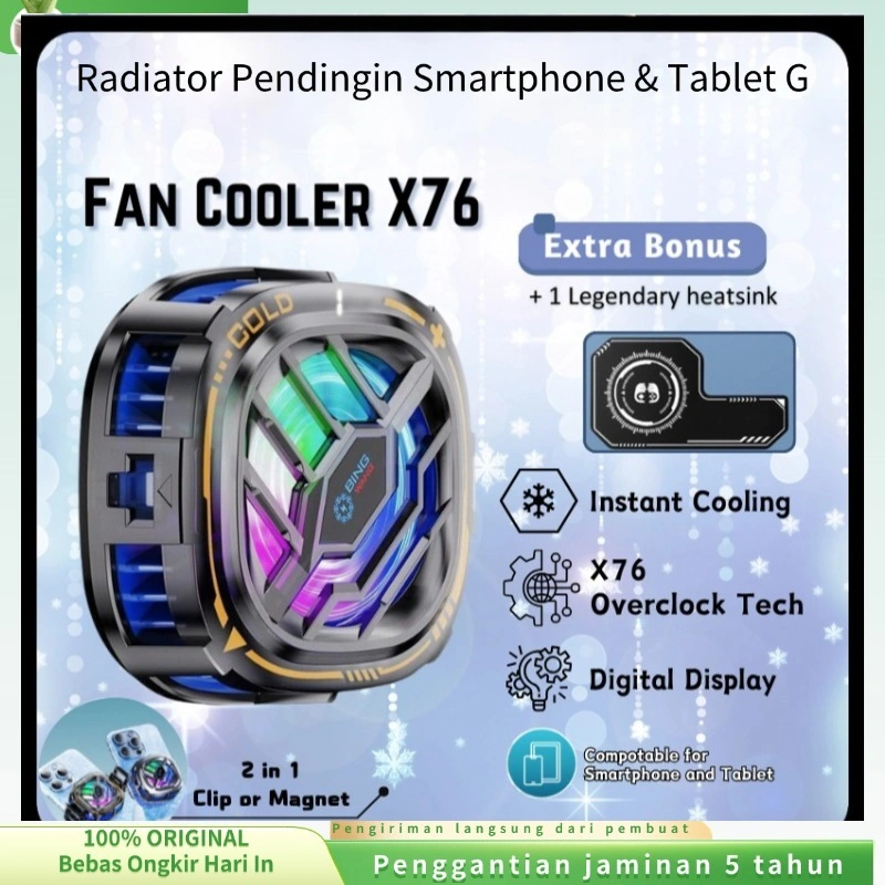 (COD) Funcooler X76 Pendingin HP Fan Cooler X76 Tablet Cooling Fan X76 Tablet Clip or Magnetic Cooling Fan for Gaming PUBG MLBB Fan Cooler Smartphone X76 Radiator Pendingin Smartphone & Tablet GT