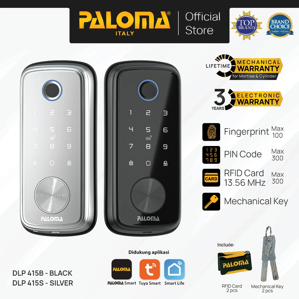 PALOMA Smart Lock Kunci Pintu Digital Deadbolt Smart Door Lock Smart Home Kunci Pintar Dead Bolt Grendel Slot Tuya WiFi Silver White Black Putih Hitam DLP 415B DLP 415S