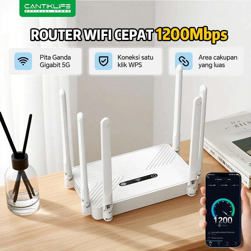 Cantiklife Router WiFi Gigabit 6 Antena WIFI-6 1200Mbps | Sinyal Kuat Tembus Dinding | 5 Port LAN | Penguat Sinyal 4-Core | Stabil untuk Game & Streaming