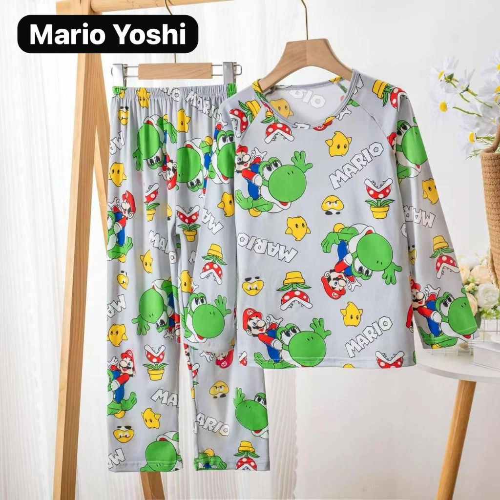 Piyama Setelan Anak Laki Laki Motif Mario Yoshi Umur 4-15 Tahun Import Premium