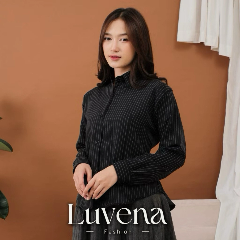 Luvena Fashion Luna Stripe Fitted Shirt - Kemeja Wanita - Atasan Wanita Stripe Salur - Kemeja Basic Lengan Panjang - Kemeja Kantor Formal Casual