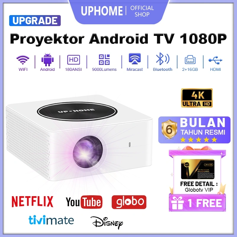 UPHOME Proyektor Android TV 1080P HDMI 9000 Lumen Smart Projector Android 13.0 Ram 2G Rom 16G Home Theater Proyektor Mini Portable / Proyektor Android 4k Full Hd