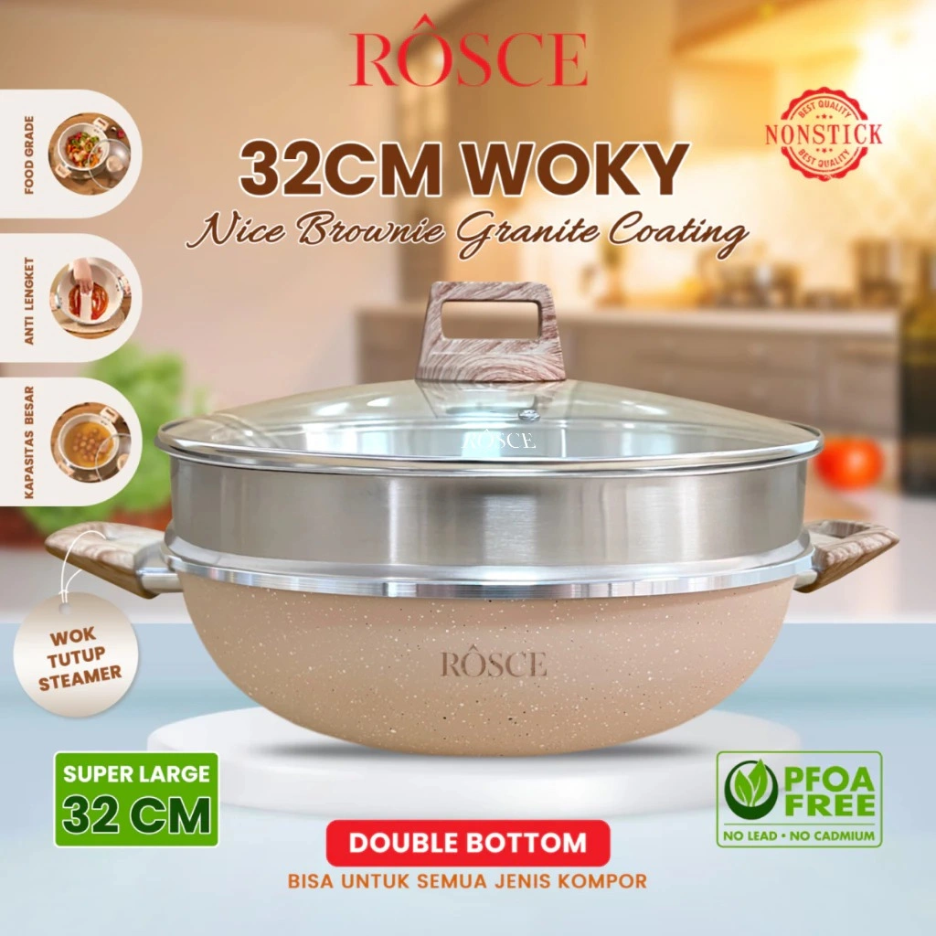 ROSCE Wok Pan 32Cm Steamer Wajan set kukusan stainless jumbo Panci granit marble tutup kaca 32 cm
