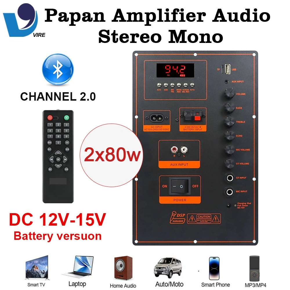 Vire Papas Amplifier Audio Stereo Mono 80W+80W Channel 2.0 DC 12V-15V Bluetooth5.3