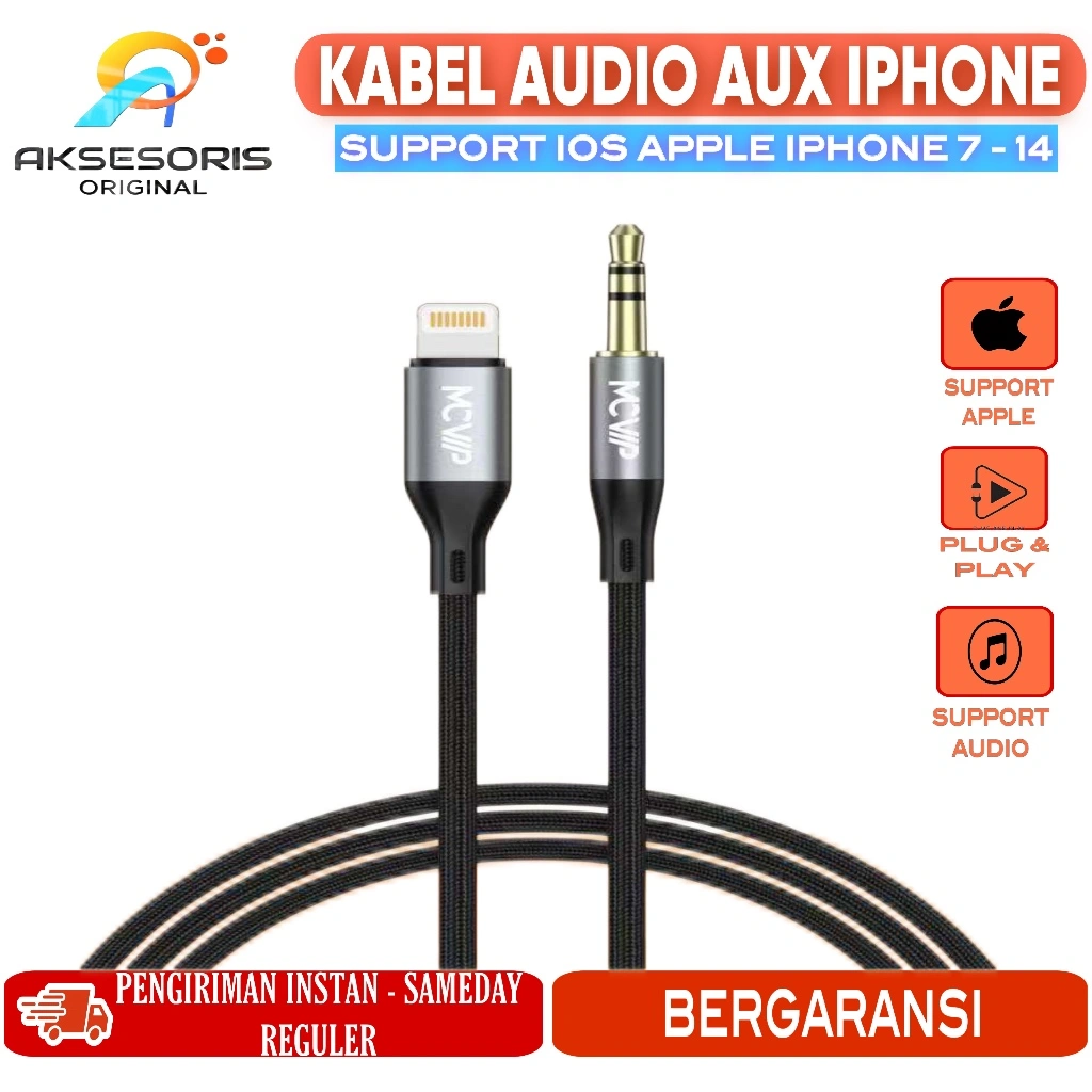 MCVIP Kabel Audio AUX For iPhone Lightning To Jack 3.5mm, Type C To jack 3.5mm Male Jack Premium Nylon Braided Audio Stereo