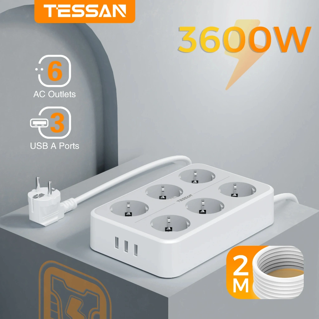 TESSAN Stop Kontak Power Strip 9 in1 (6 AC & 3 USB 5V/2,4A)  Central On/Off  Dengan Panjang Kabel 2M