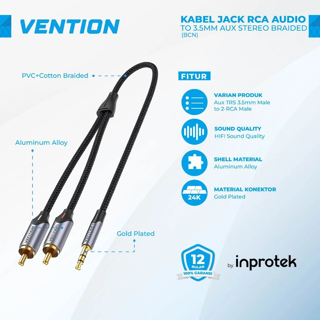 Vention Kabel Jack RCA Audio to 3.5mm Aux Stereo Braided