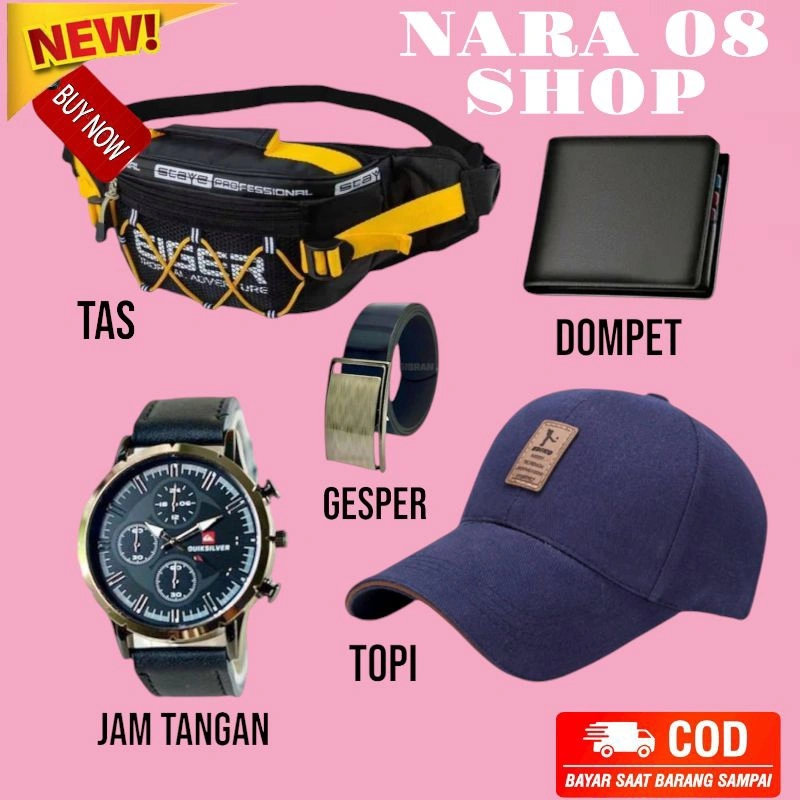 PAKET KEREN 1 DAPAT 5. TAS WAIST BAG TOPI DISTRO/BASEBALL CAP JAM TANGAN GESPER DAN DOMPET.