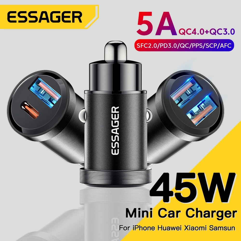 ESSAGER 45W Car Charger Usb A Dan Type C Mini Dual Port Fast Charging Mobil Super Cepat Charger 24V Untuk Samsung Xiaomi
