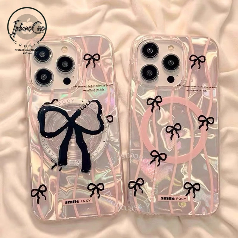 CASE MAGSAFE RIBBON PINK POP SOCKET BLACK Case - Hardcase / Casing HP FOR IPHONE 11 12 13 14 15 PRO MAX 14+ 15+ PLUS SUPPORT CHARGER WIRELESS ANTI SHOCK-PROOF
