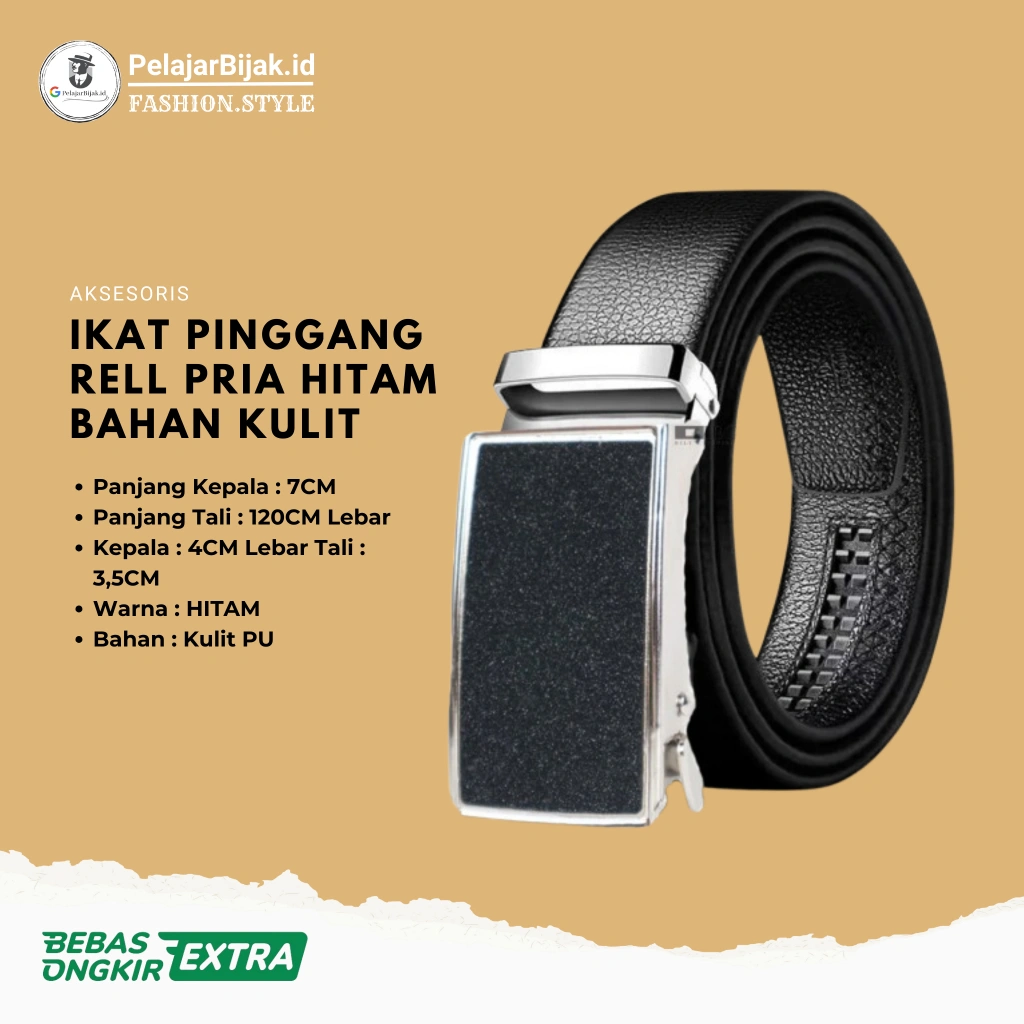 Ikat Pinggang Kulit Pria Model Rel – Warna Hitam, Kualitas Premium