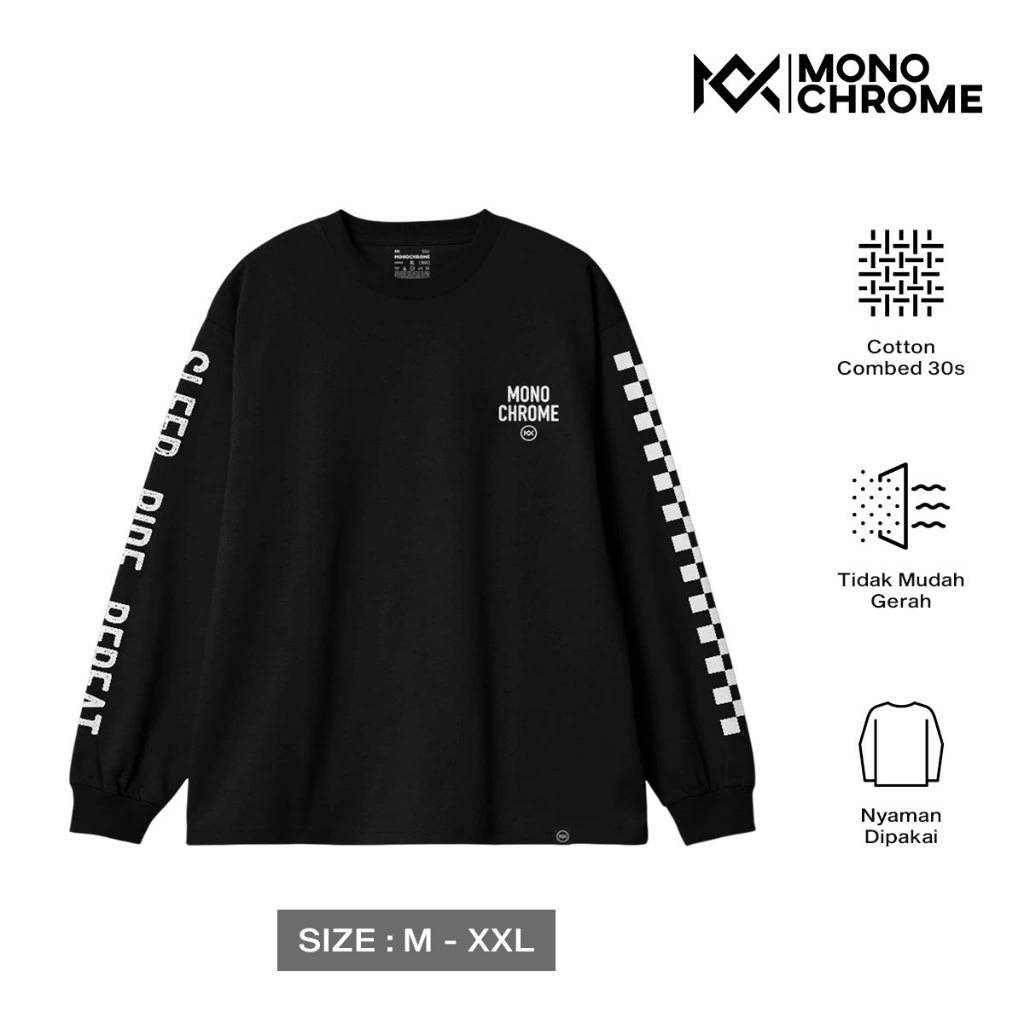 Monochrome Kaos Pria Lengan Panjang Cotton Long Sleeve T-shirt Ride Repeat Black