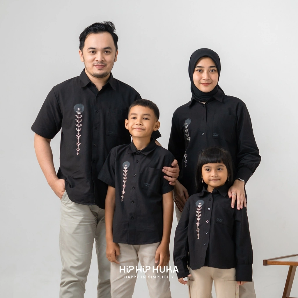 HipHipHuka - Baju Couple Keluarga Kemeja Sarimbit Pasangan Ayah Ibu Anak Family Set Mustika Black
