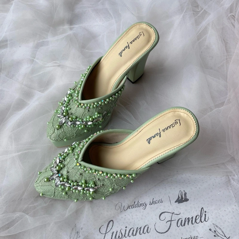 𝒀𝒐𝒖𝒏𝒈𝒓𝒖 I Sepatu pengantin wedding shoes heels pesta hak 7- 12 cm model platform  selop lamaran model platfoam Suede brukat sepatu pesta sepatu payet  bride shoes warna hijau sage