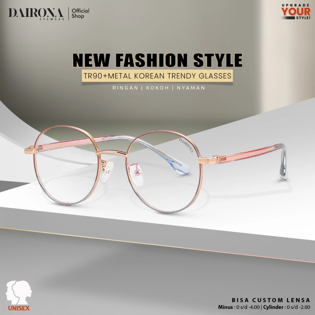 Dairona Eyewear Kacamata Photocromic Frame Minus Radiasi Blueray Pria Wanita Terbaru Fashion Style Terbaru Bentuk Bulat TR-90+Metal Lentur Dan Elastis H5223
