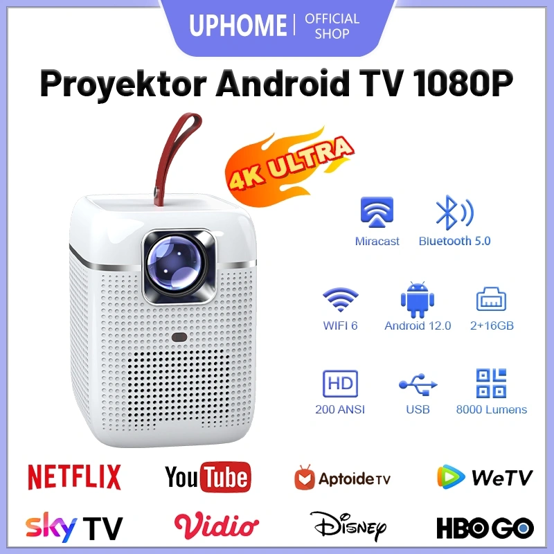 UPHOME Proyektor Android TV HDMI-IN 4K 200ANSI 8000 Lumen Smart Projector Android 12.0 Ram 2G Rom 16G Home Theater Proyektor 1080P Proyektor Mini Portable HP