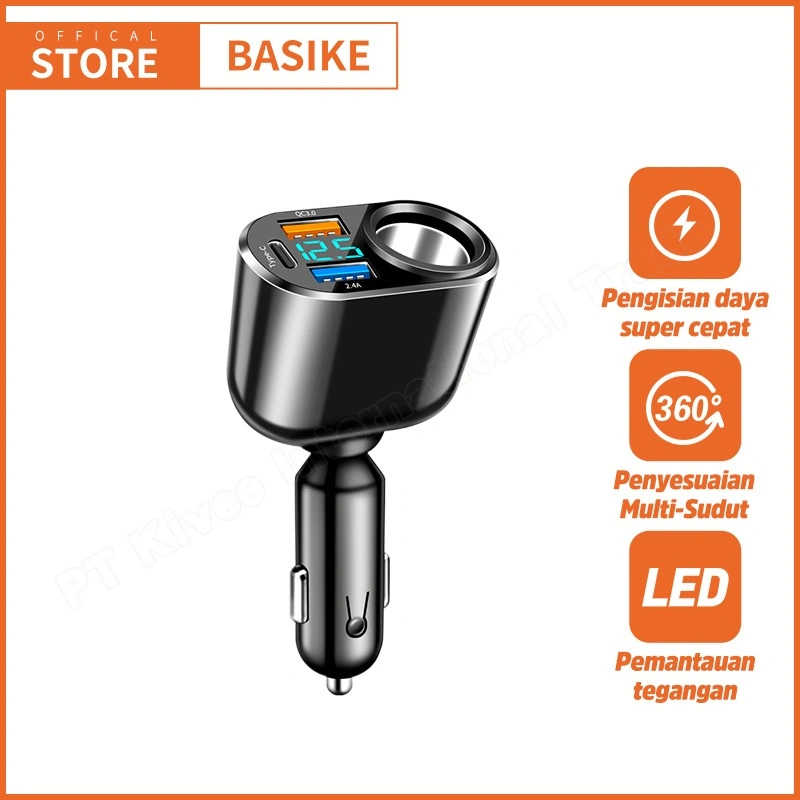 BASIKE Car Charger Colokan Mobil 4 Ports USB Type C Fast charging 90W LCD for iPhone Xiaomi Samsung