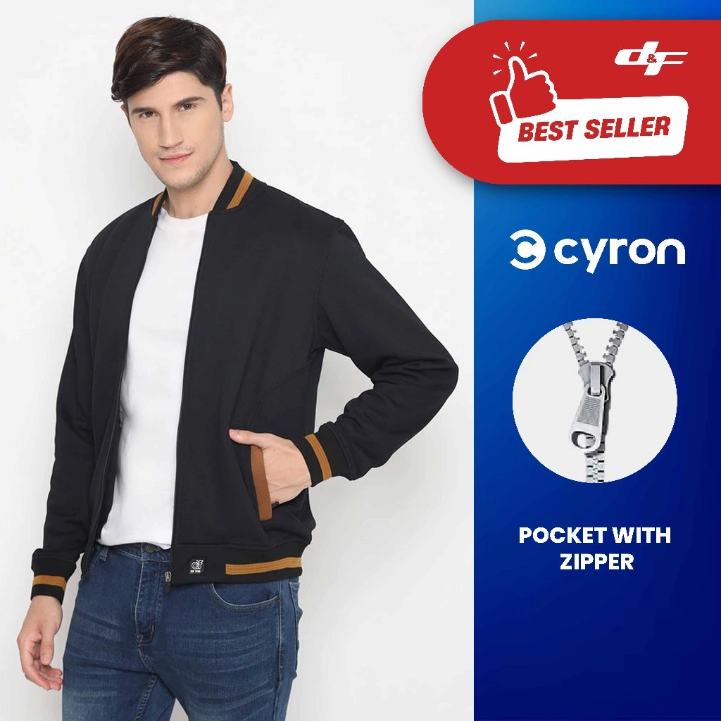 d&f CVC Jaket bomber pria cut &  sewn - hitam list coklat