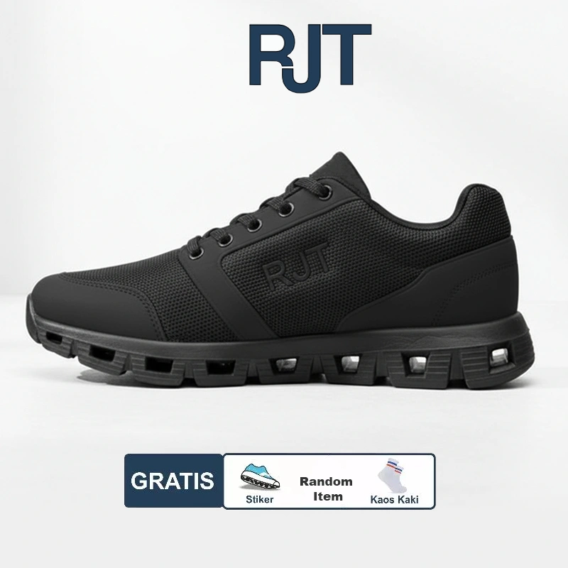 Sepatu Sneakers Pria RJT Hitam Polos Full Black | Sepatu Lari Olahraga Trail run Naik gunung - Murah