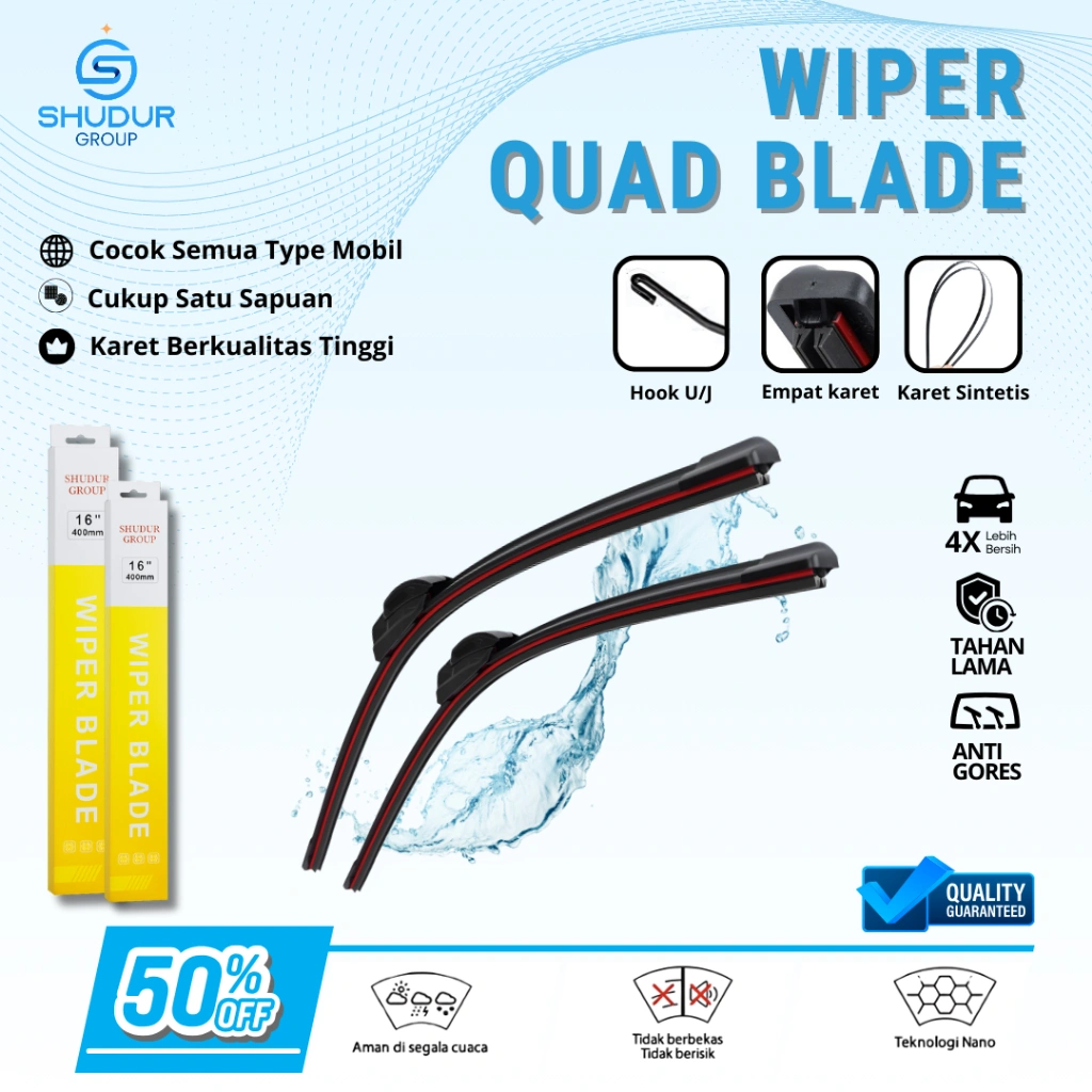 Shudur Wiper Mobil Quad Blade 4 Lapis Karet Frameless Quad Layer Empat Blade 1 Set Universal Mobil