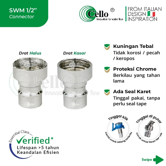 Cello SWM 1/2" / Sambungan Connector Selang Inlet Mesin Cuci / Konektor Kran Kuningan / Cucut Drat Ujung Keran