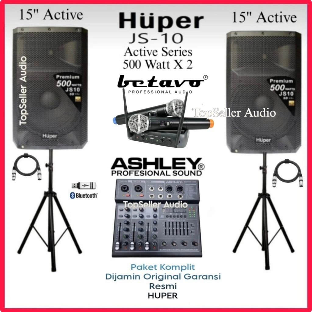 Paket Sound System Live Musik [ Karaoke ] Speaker 15 Inch Huper Js10 Original Mixer Ashley Bluetooth 4 Channel Mic 2 Wireless Garansi Resmi